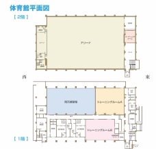 ＜体育館平面図＞体育館の平面図です。アリーナ・トレーニングルームAB・更衣室・雨天練習場・会議室・トイレの位置の確認をどうぞ。