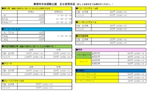 <使用料金表>主な料金表になります。詳しくは、体育館内管理室受付までお問い合わせください。