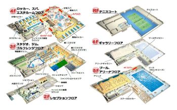 館内図 6階建て屋上テニスコート付帯の大型でバリエーション豊富なスポーツ施設です。