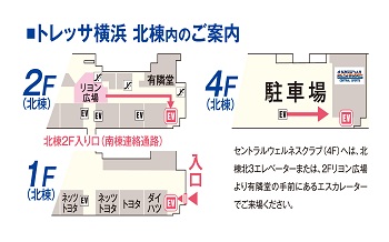【トレッサ横浜内の経路図】総合受付は北棟4F、スクール入館は北棟7F