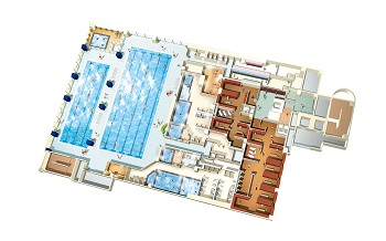 【6Fフロア】フィットネス更衣室、プール（25ｍ×5コース、20ｍ×3コース、アウトドアジャグジー）、スパエリア（ミネラルバス、ジェットバス、露天風呂、水風呂、サウナ）