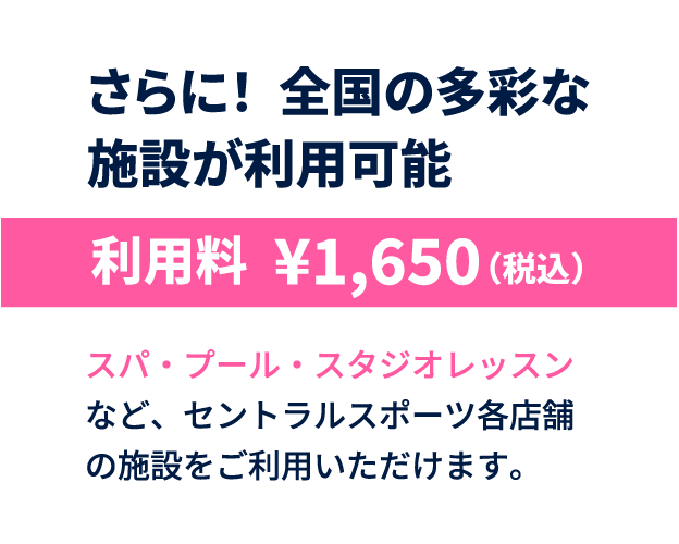 さらに！全国の多彩な施設が利用可能 利用料税込1650円 スパ・プール・スタジオレッスンなど、セントラルスポーツ各店舗の施設をご利用いただけます。